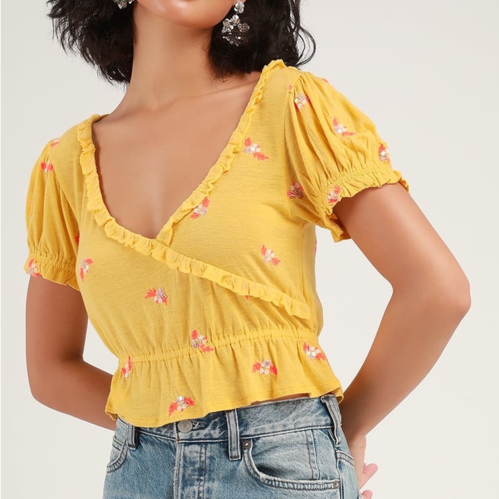 Full Bloom Mustard Yellow Embroidered Crop Top